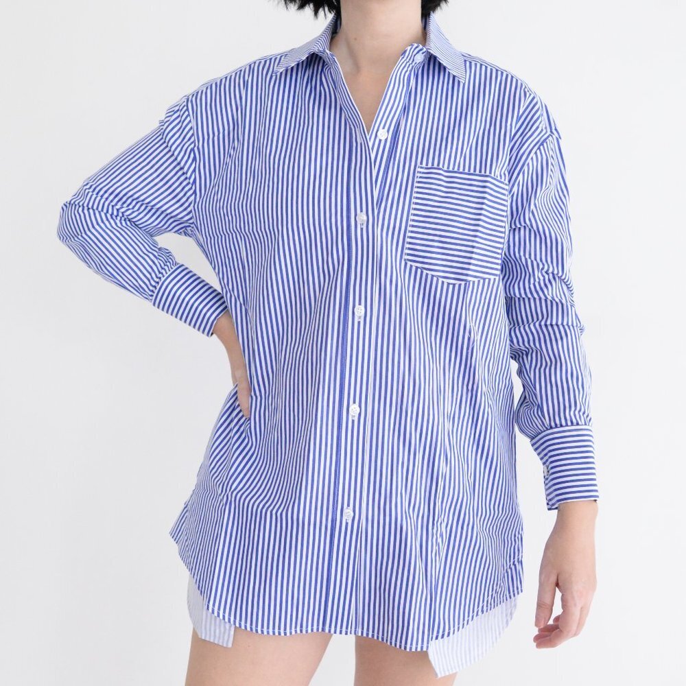Seroya Hefley White Blue Stripe Oversized Button Shirt Dress Coated Finish Xs
